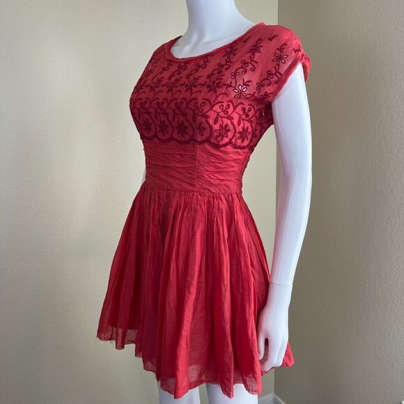 Free People Women's Size 2 Rose Garden Eyelet Embroidered Red Poppy Mini Dress - Picture 9 of 16